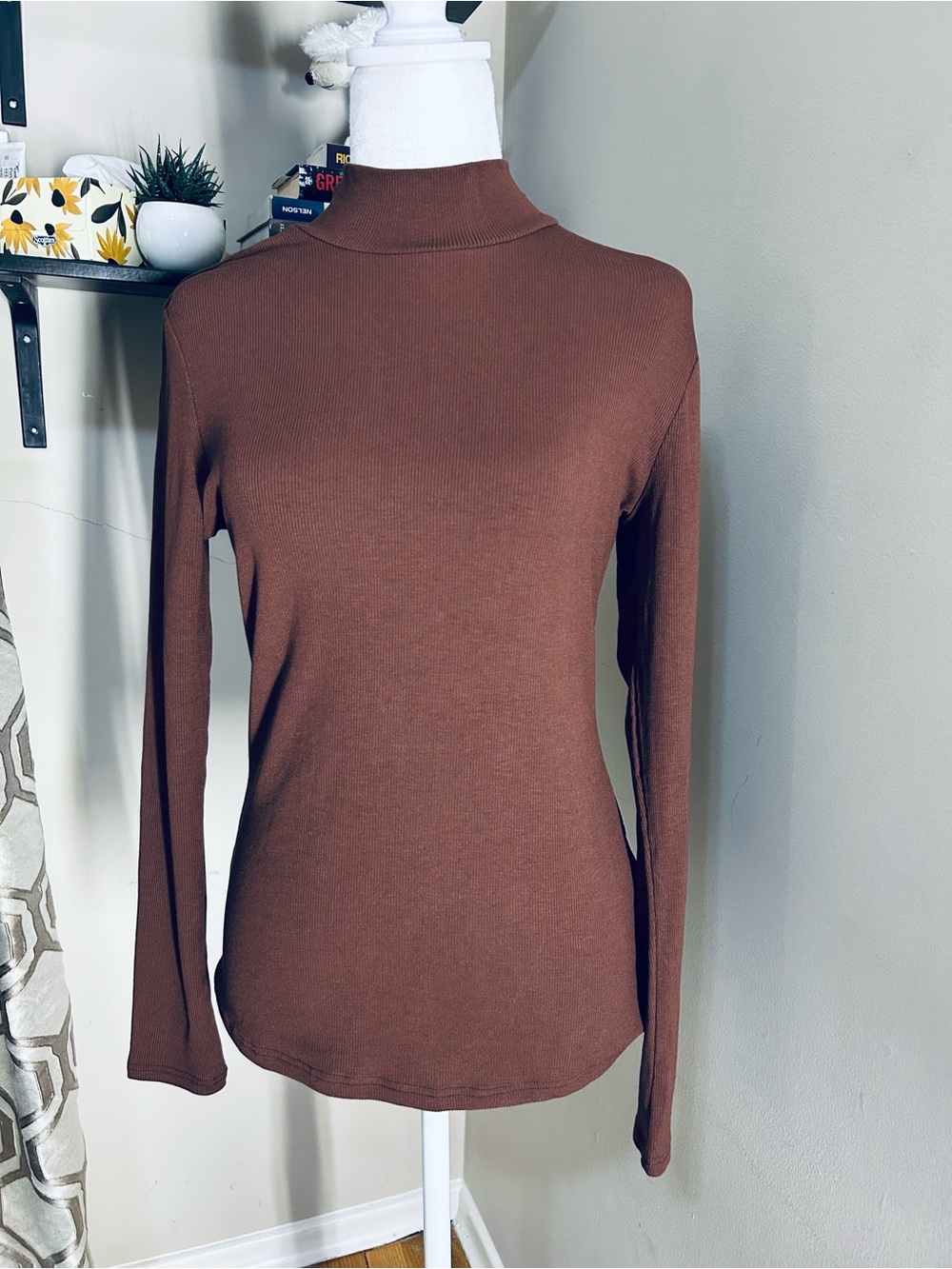 Classic Brown Mock Neck Long-Sleeve Top